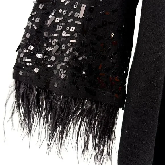 Chico's Black Sequin Feather Trim Sleeve Knit Sweater - Picture 2 of 8